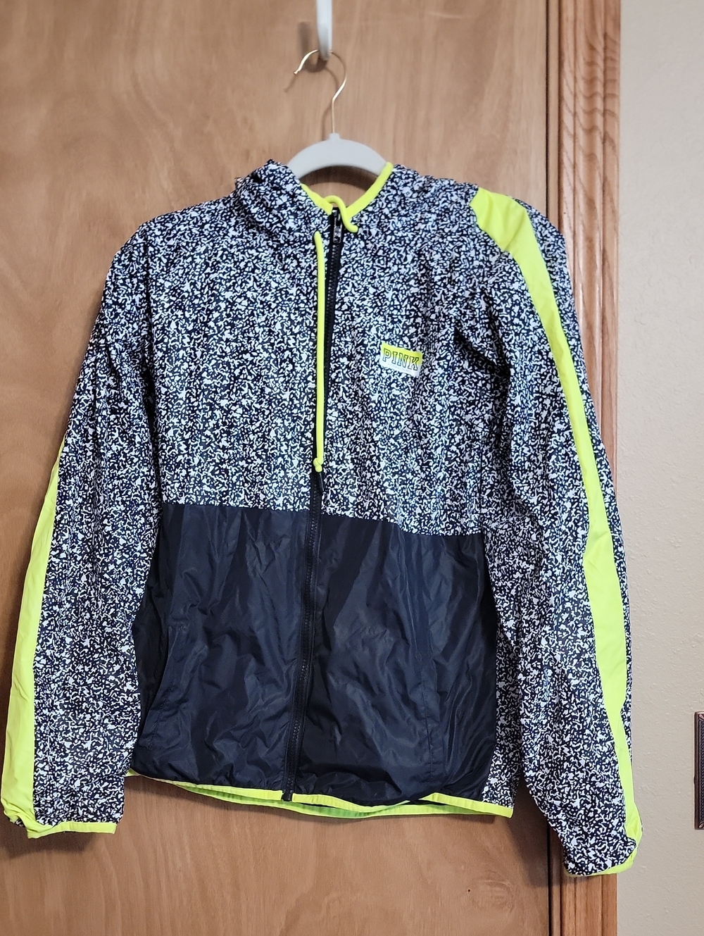 PINK Victoria's Secret Black and Neon Yellow Speckled Windbreaker Jacket